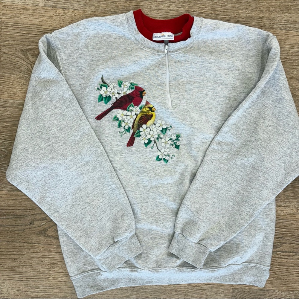 Vintage Cardinal Bird Sweatshirt Womens‎ L Cottagecore Nature Half Zip